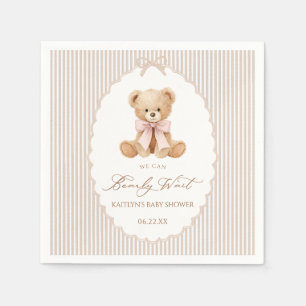 We Can Bearly Wait pink bow girl Baby Shower Napkin
