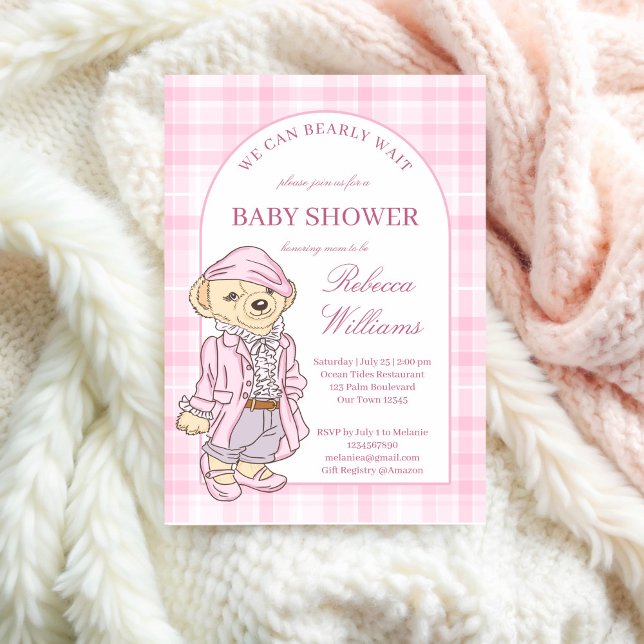 We can bearly wait pink classic plaid baby shower invitation (We can bearly wait pink classic plaid teddy bear girls baby shower invitation cards template)