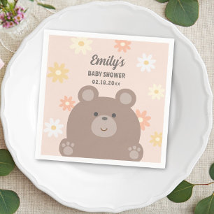 We Can Bearly Wait Pink Daisies Girl Baby Shower Napkin