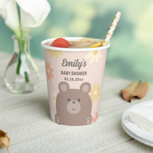 We Can Bearly Wait Pink Daisies Girl Baby Shower Paper Cups