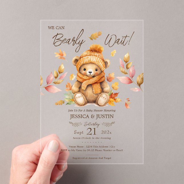 We Can Bearly Wait Pink Fall Baby Shower Acrylic Invitations (Insitu (Handheld))