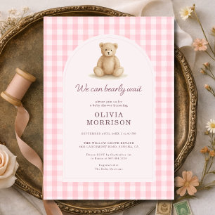 We Can Bearly Wait Pink Gingham Baby Shower Invitation