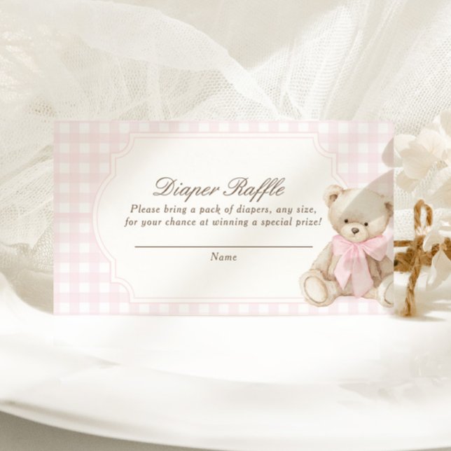 We Can Bearly Wait Pink Gingham Teddy Bear Baby Enclosure Card (Creator Uploaded)
