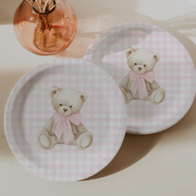 We Can Bearly Wait Pink Gingham Teddy Bear Paper Plate (Creator Uploaded)
