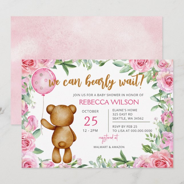 We Can Bearly Wait Pink Girl Baby Shower Invitation (Front/Back)