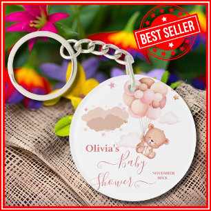 We Can Bearly Wait Pink Girl Baby Shower Key Ring