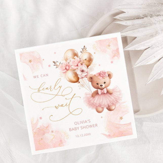 We Can Bearly wait Pink Girl Baby Shower Napkin (Creator Uploaded)