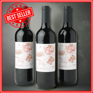 We Can Bearly Wait Pink Girl Baby Shower Wine Label