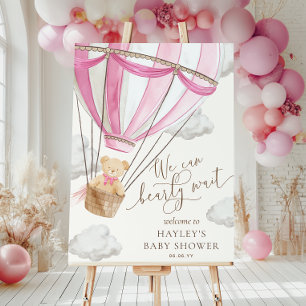 We Can Bearly Wait Pink Hot Air Ballon Baby Shower Poster