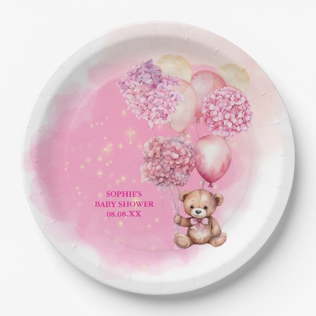 We Can Bearly Wait Pink Hydrangeas Balloons Paper Plate (Front)