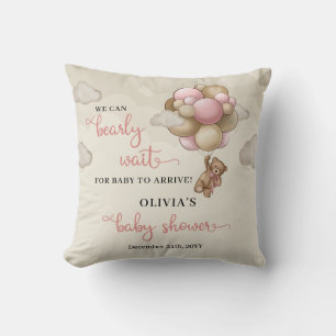 We can bearly wait pink ivory brown balloons girl cushion