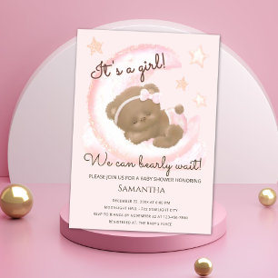 We Can Bearly Wait Pink Moon Baby Shower Girl Invitation