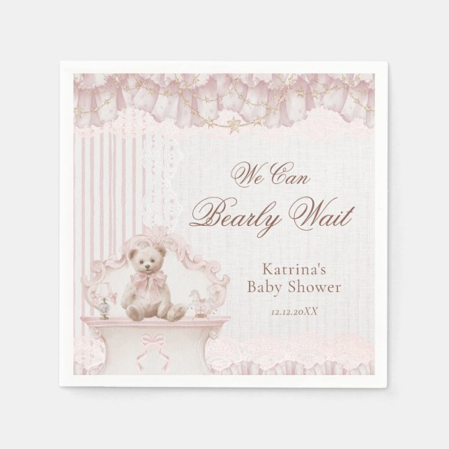 We Can Bearly Wait Pink Nursery Girl Baby Shower Napkin (Front)