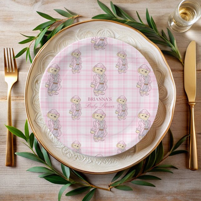 We can bearly wait pink plaid baby shower monogram paper plate (We can bearly wait pink plaid teddy bear baby shower monogrammed printed paper plates)