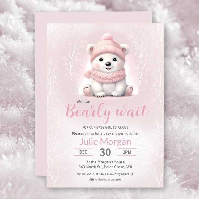 We Can Bearly Wait Pink Polar Bear Baby Shower Invitation (We Can Bearly Wait Pink Polar Bear Baby Shower Invitation)