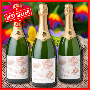 We Can Bearly Wait Pink Pooh Bear Baby Shower Sparkling Wine Label
