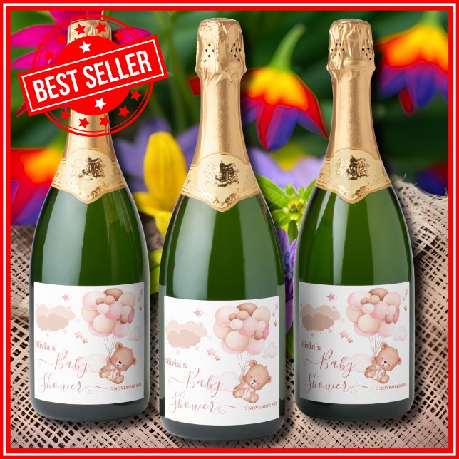 We Can Bearly Wait Pink Pooh Bear Baby Shower Sparkling Wine Label (Creator Uploaded)