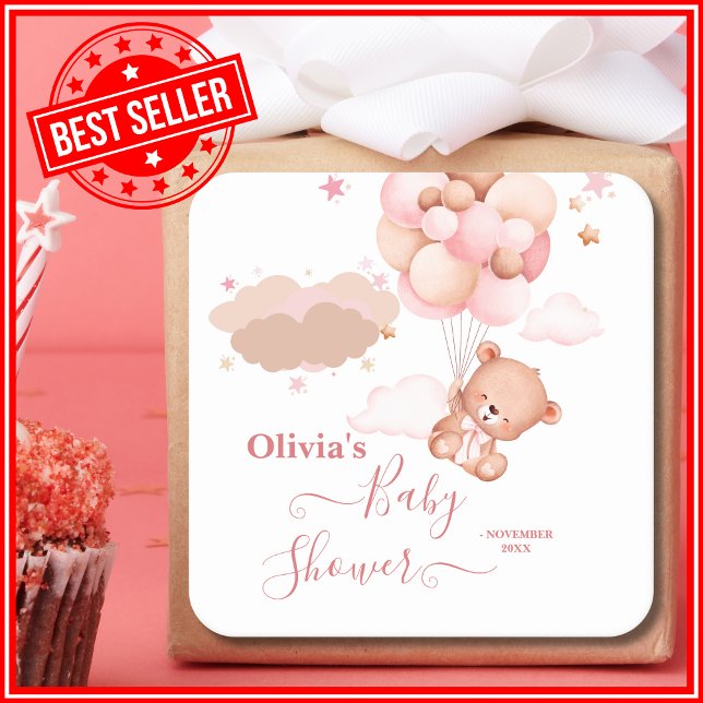 We Can Bearly Wait Pink Pooh Bear Baby Shower Square Sticker (Creator Uploaded)