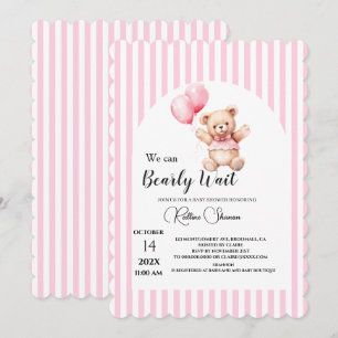 We can bearly wait pink stripped baby shower  invitation