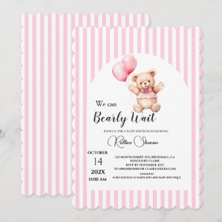 We can bearly wait pink stripped baby shower invitation