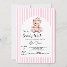 We can bearly wait pink stripped baby shower