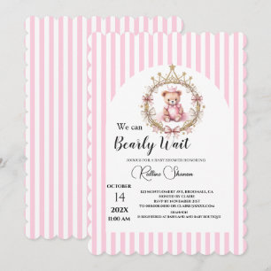 We can bearly wait pink stripped baby shower invitation