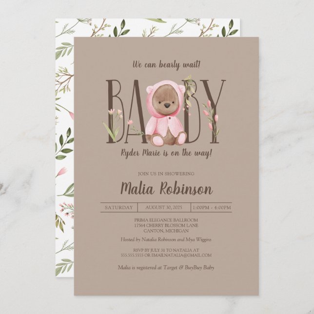 We Can Bearly Wait! Pink Teddy Bear Baby Shower Invitation (Front/Back)