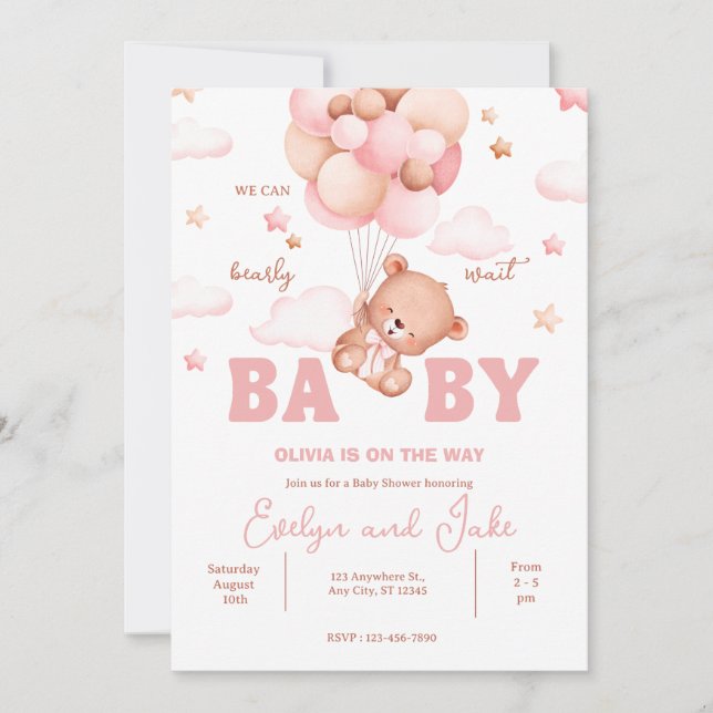 We can Bearly Wait Pink Teddy Bear Baby Shower Invitation (Front)