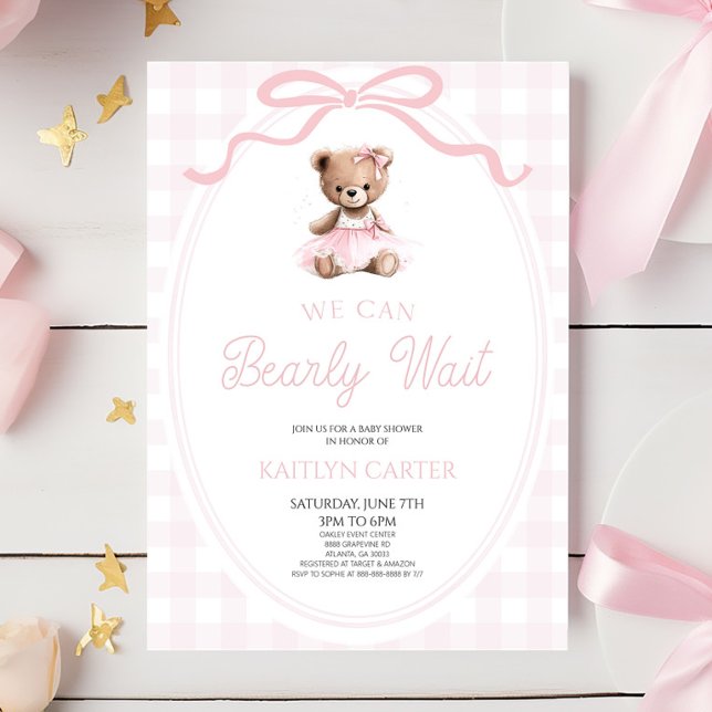 We Can Bearly Wait Pink Teddy Bear Baby Shower Invitation (Creator Uploaded)