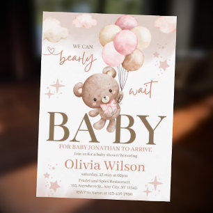 We Can Bearly Wait Pink Teddy Bear Baby Shower Invitation