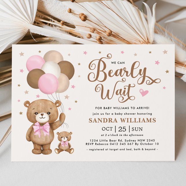 We Can Bearly Wait Pink Teddy Bear Baby Shower Invitation (Creator Uploaded)