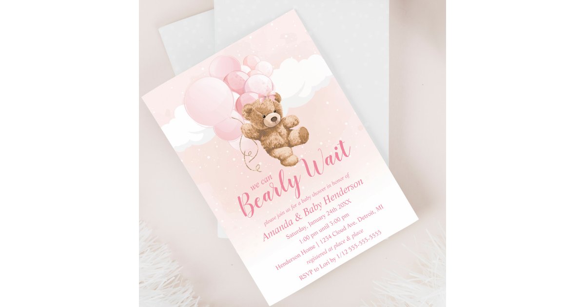 We can Bearly Wait Pink Teddy Bear Baby Shower Invitation | Zazzle