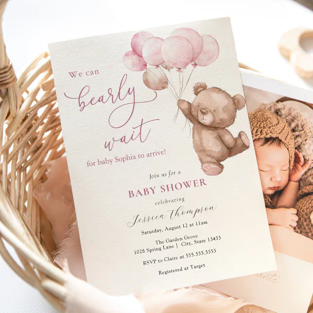 We Can Bearly Wait Pink Teddy Bear Baby Shower Invitation | Zazzle