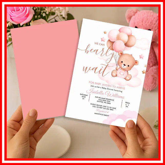 We Can Bearly Wait Pink Teddy Bear Baby Shower Invitation | Zazzle
