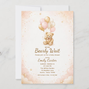 We Can Bearly Wait Pink Teddy Bear Baby Shower Invitation