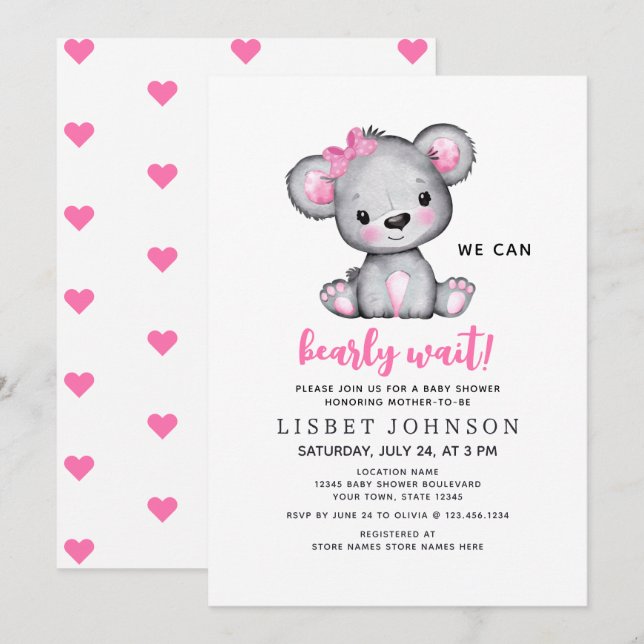 We Can Bearly Wait Pink Teddy Bear Baby Shower Invitation (Front/Back)