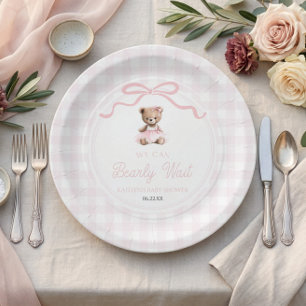 We Can Bearly Wait Pink Teddy Bear Baby Shower Paper Plate