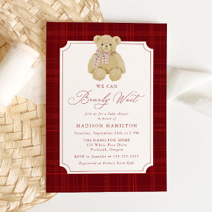 We Can Bearly Wait Plaid Teddy Bear Baby Shower Invitation