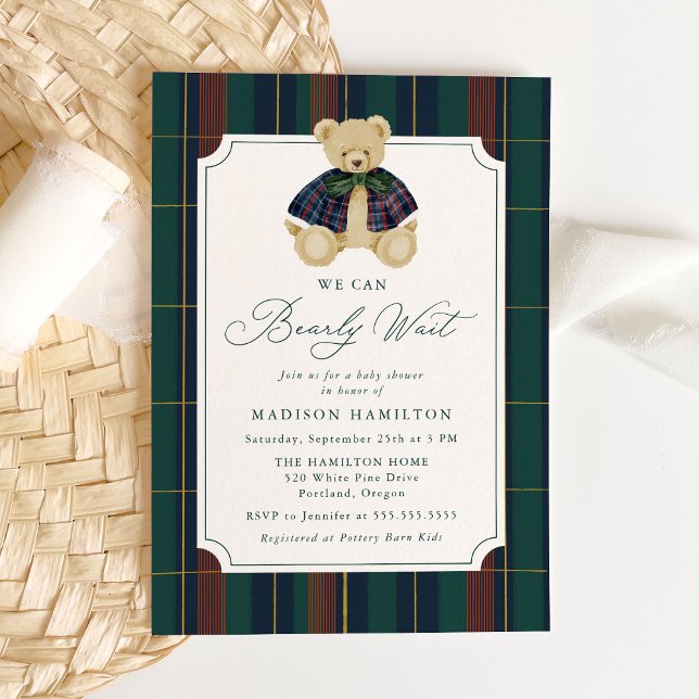 We Can Bearly Wait Plaid Teddy Bear Baby Shower Invitation (Creator Uploaded)