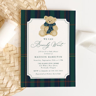 We Can Bearly Wait Plaid Teddy Bear Baby Shower Invitation