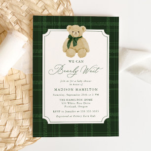 We Can Bearly Wait Plaid Teddy Bear Baby Shower Invitation