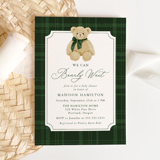 We Can Bearly Wait Plaid Teddy Bear Baby Shower Invitation (Creator Uploaded)