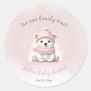 We Can Bearly Wait Polar Bear Pink Baby Shower Classic Round Sticker