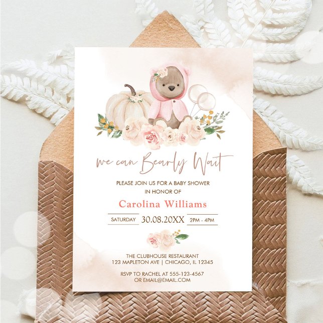 We Can Bearly Wait Pumpkin Bear Baby Shower Invitation (Creator Uploaded)