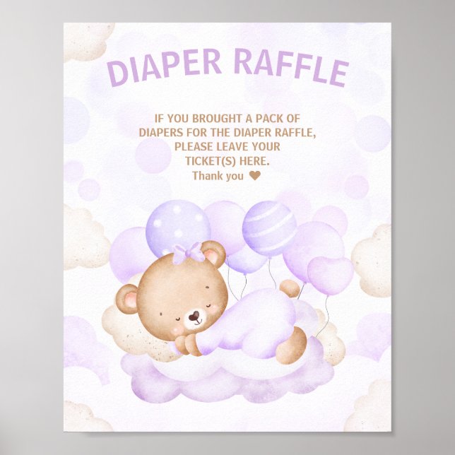 We Can Bearly Wait Purple Girl Diaper Raffle Sign (Front)