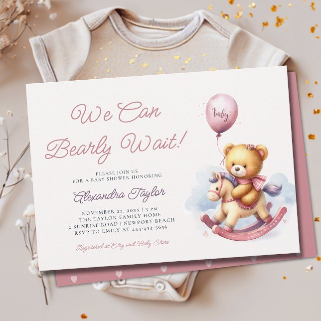 We Can Bearly Wait Rocking Horse Baby Girl Shower Invitation (we can bearly wait baby girl shower invitation teddy bear cute rocking chair cowboy western pink)