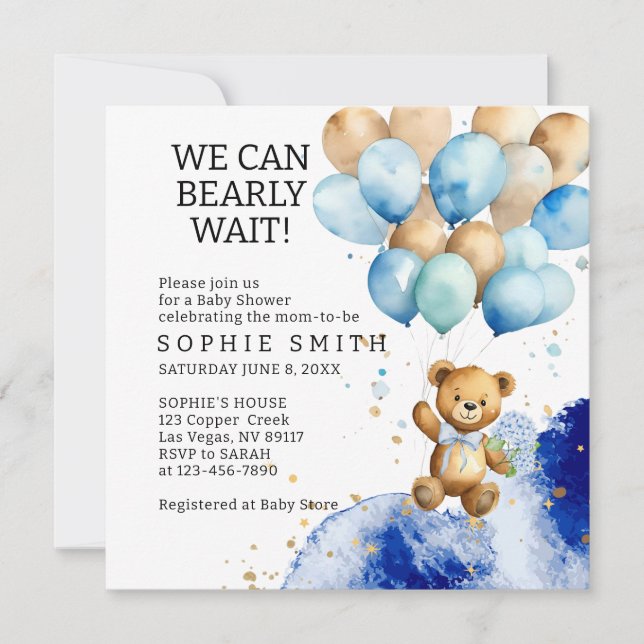 We Can Bearly Wait Royal Blue And Gold Abstract Invitation (Front)