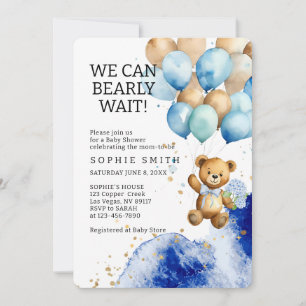 We Can Bearly Wait Royal Blue And Gold Baby Shower Invitation