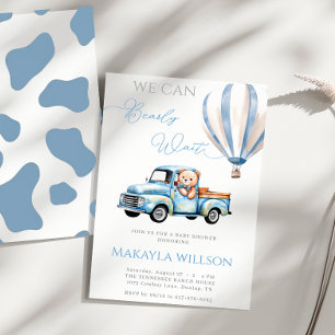 We Can Bearly Wait Rustic Blue Teddy Baby Shower Invitation