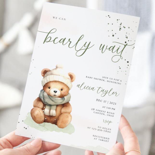 We Can Bearly Wait Sage Baby Shower Invitation (Creator Uploaded)